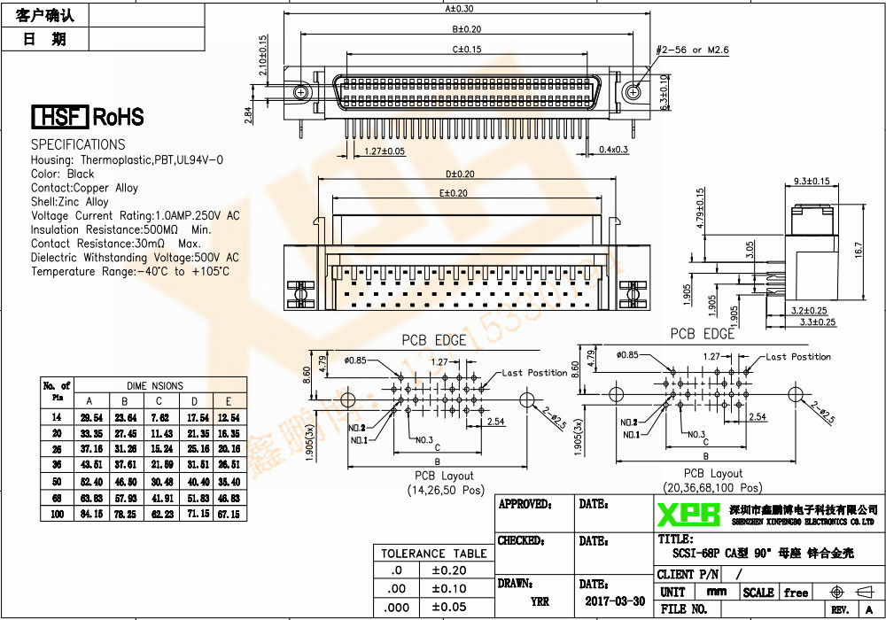 SCSI-68P CA型 90°母座 鋅合金殼<a href='/product/' class='keys' title='點擊查看關于連接器的相關信息' target='_blank'>連接器</a>規格書