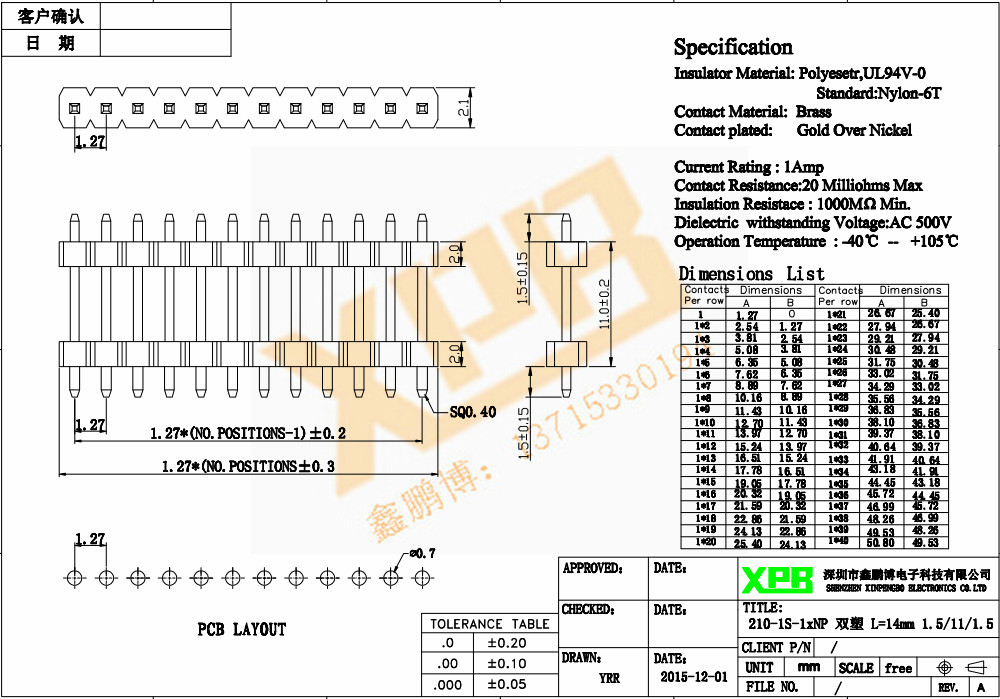 1.27間距 單排 雙塑 直插 排針規(guī)格書(shū) 1.27間距 單排 雙塑 直插 排針規(guī)格書(shū)